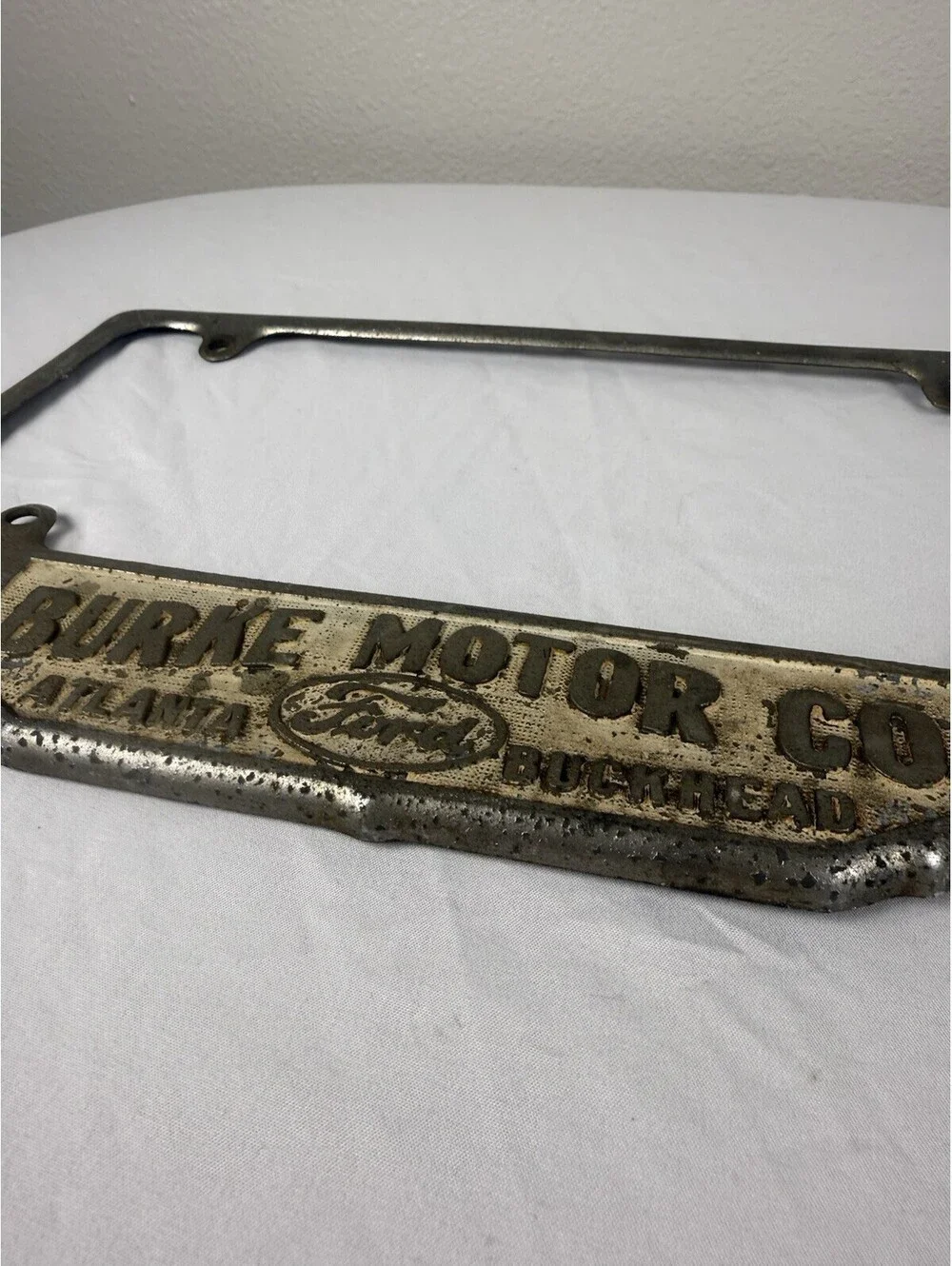 Vintage Burke Motor Co Ford License Plate Frame Atlanta Buckhead GA Dealer Metal